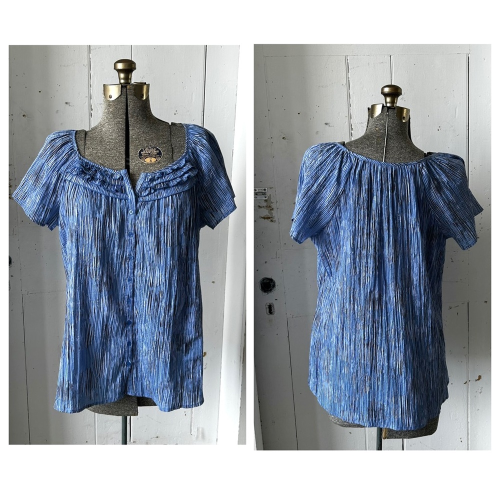 Laura Scott Blue Vertical Stripe Ruffle Airy Top Blouse